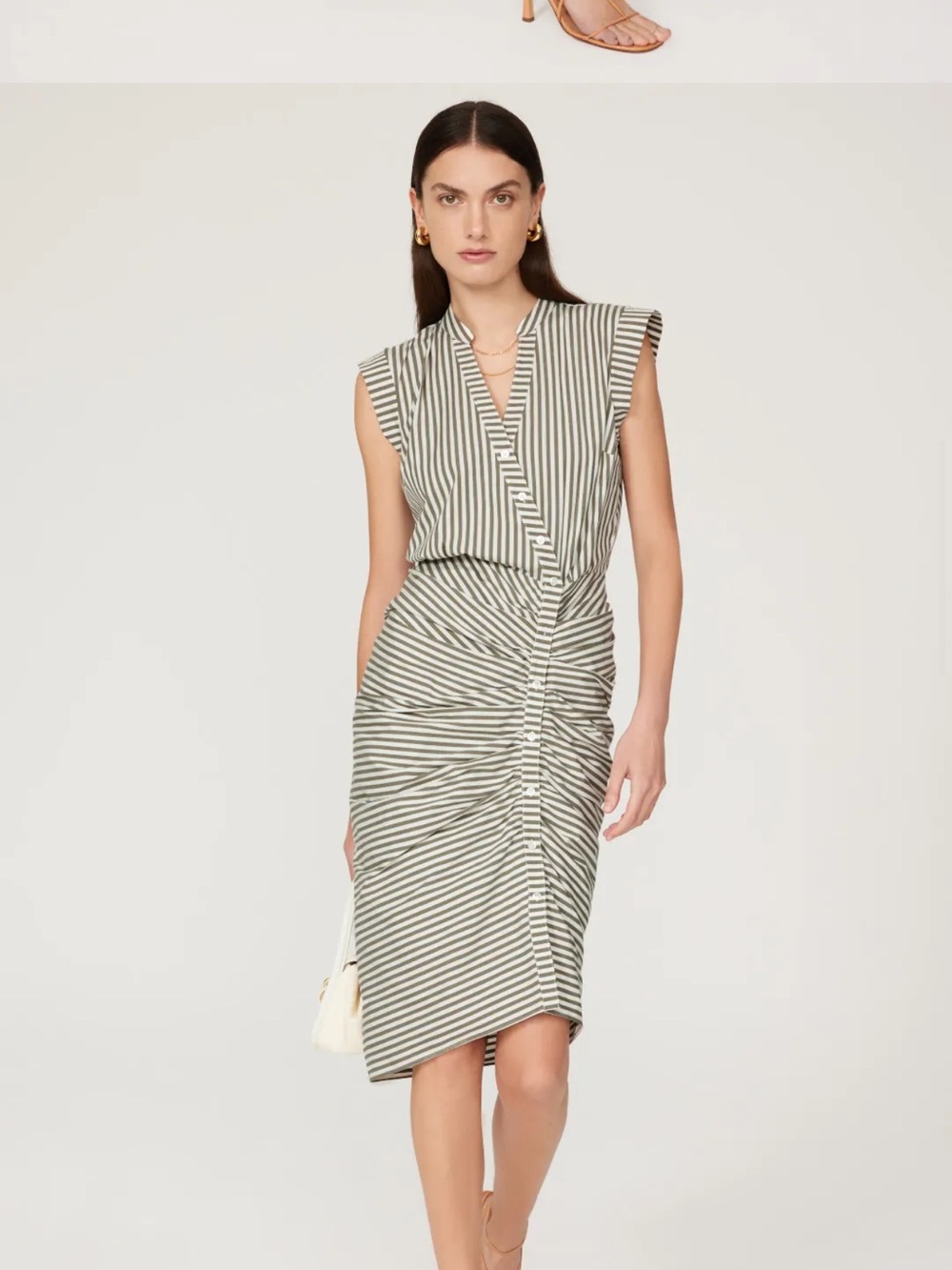 Veronica Beard Gray & White Striped V-Neck Ruched Midi Dress 100% Cotton